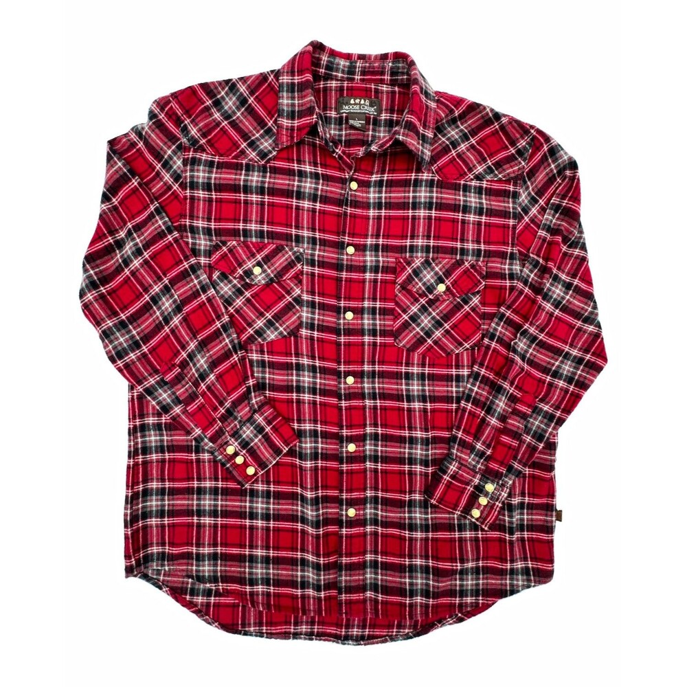 Vtg Moose Creek Men's L Red Black White Plaid Flannel Western Button-Up Pockets